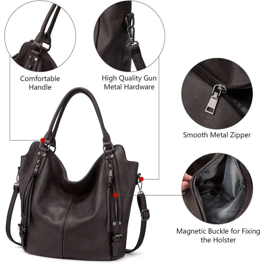 Concealed Carry Hobo Purse Faux Leather Large Capacity Shoulder Bag